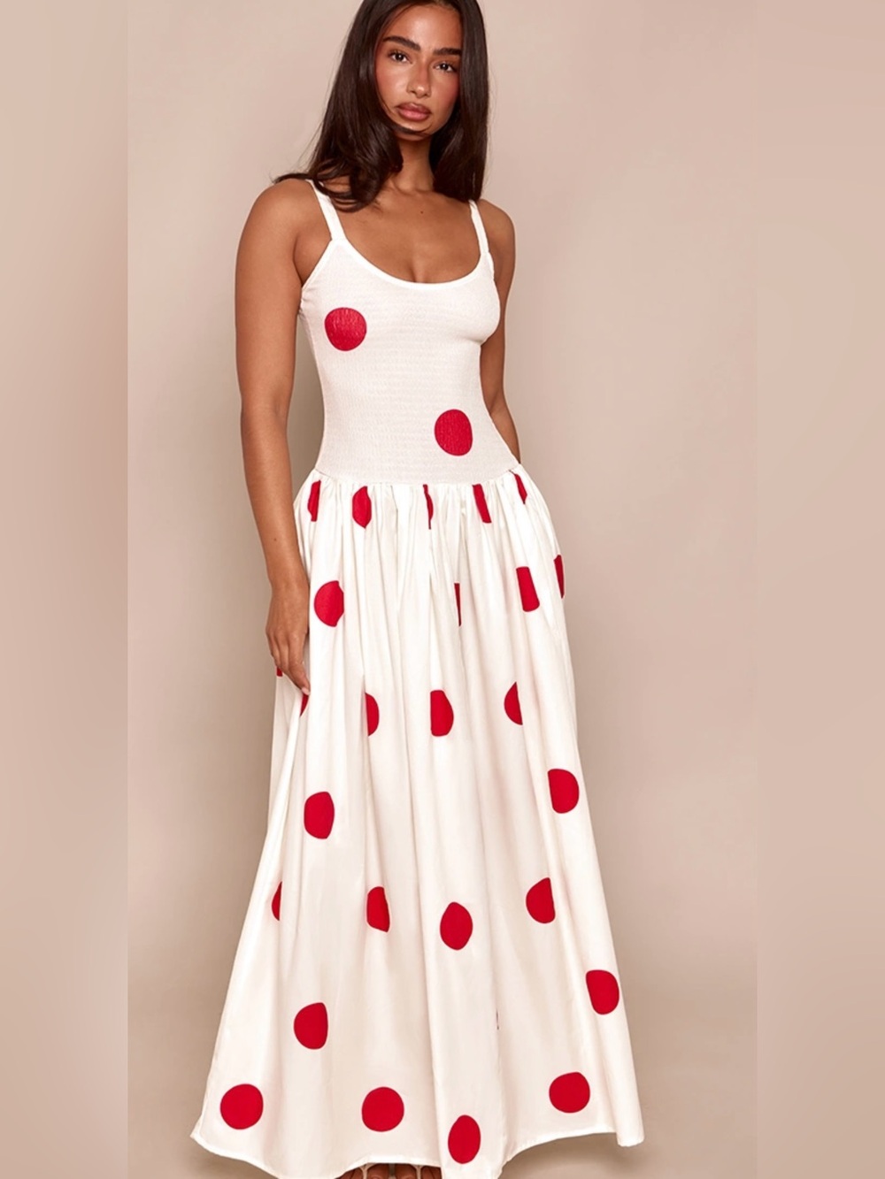 White polkadot Maxi Skirt with Red Polka Dot Print